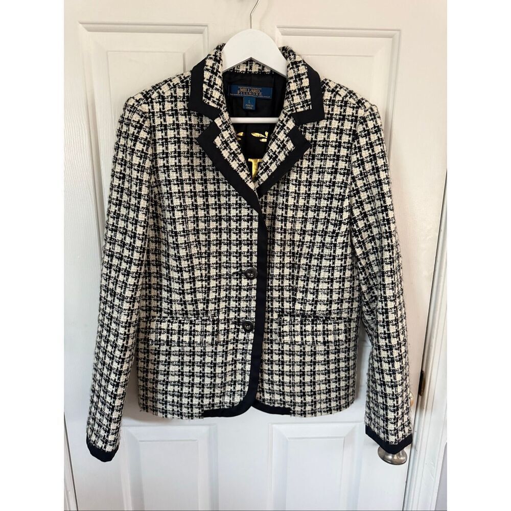 Millard Fillmore Black & White Houndstooth Tweed Grommet Cuff Jacket Blazer sz L